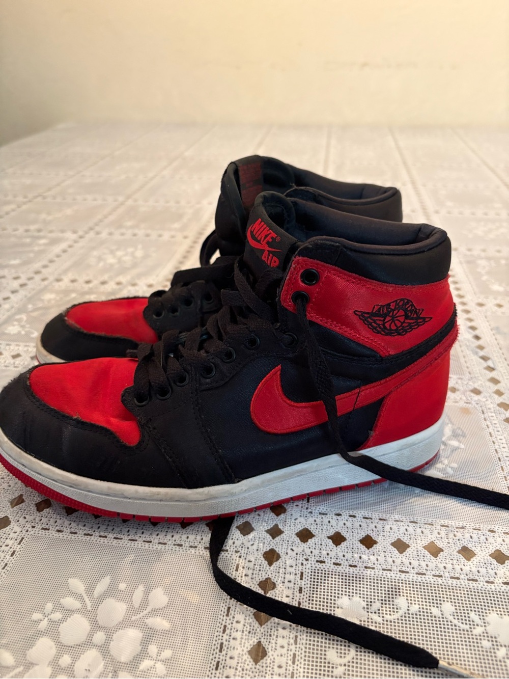 Nike retro Jordan 1’s satin black and red high top sneakers